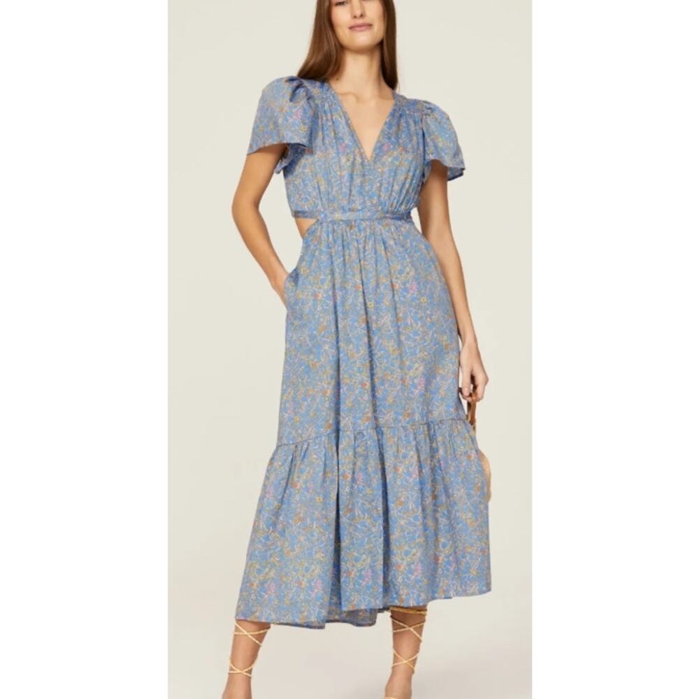 Xirena Gabrielle Cutout short sleeve v neck Maxi Midi blue floral cotton Dress L